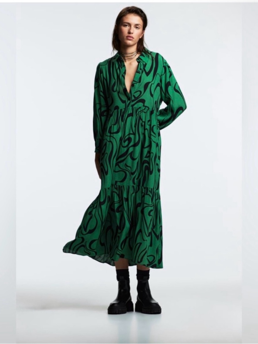 Zara Green Printed Tiered Maxi Dress with Black Swirl Pattern